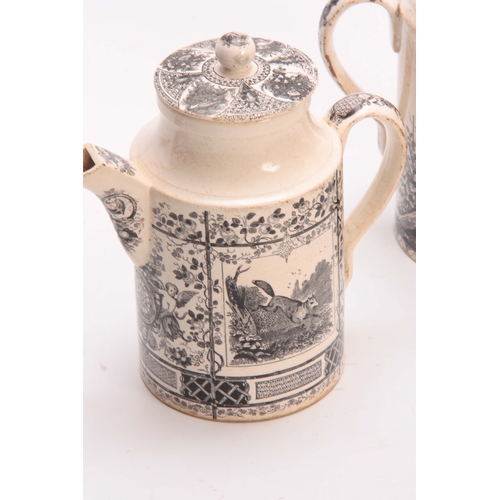 85 - TWO 19TH CENTURY CREAMWARE COFFEE CANS transfer printed with hunting scenes 19cm and 17cm high (2).