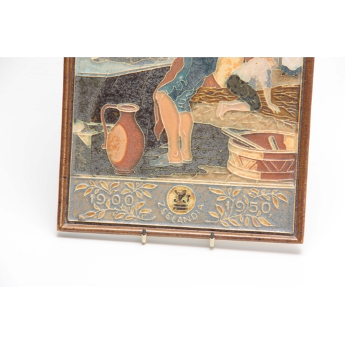 88 - A DELFT RECTANGULAR GLAZED PLAQUE with decorated  interior and figure scene inscribed ZEELANDIA 1990... 