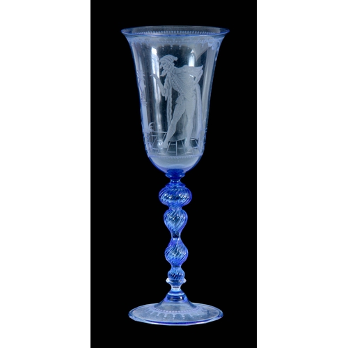 9 - A FINE 20TH CENTURY BLUE STAINED DRINKING GLASS with fluted bowl engraved with a Gentleman set in a ... 