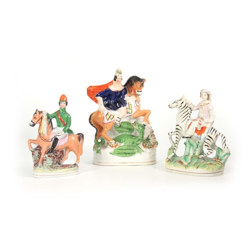 98 - A SELECTION OF THREE 19TH CENTURY STAFFORDSHIRE EQUESTRIAN FIGURES comprising of a Turkish figure ri... 