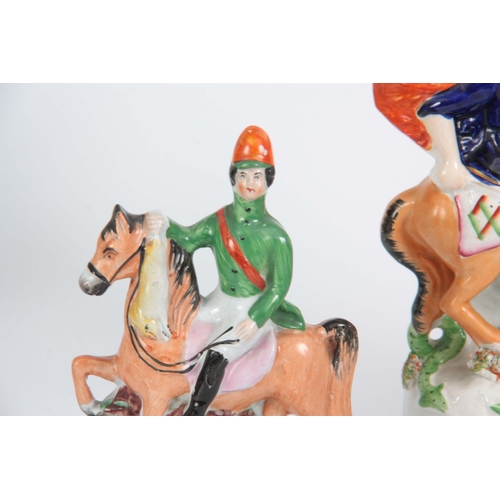 98 - A SELECTION OF THREE 19TH CENTURY STAFFORDSHIRE EQUESTRIAN FIGURES comprising of a Turkish figure ri... 