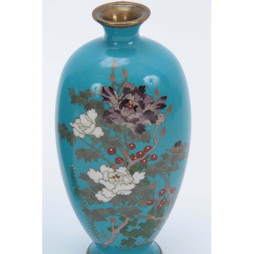 233 - A PAIR OF MEIJI PERIOD JAPANESE CLOISONNE OVOID VASES with sky blue ground decorated with blossoming... 