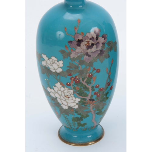 233 - A PAIR OF MEIJI PERIOD JAPANESE CLOISONNE OVOID VASES with sky blue ground decorated with blossoming... 