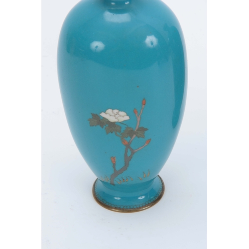 233 - A PAIR OF MEIJI PERIOD JAPANESE CLOISONNE OVOID VASES with sky blue ground decorated with blossoming... 