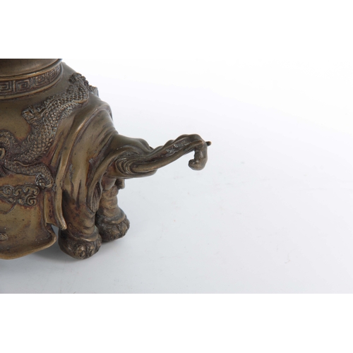 237 - AN ORNATE 19TH CENTURY CHINESE CAST BRONZE CENSOR BASE the foot formed as three elephants heads divi... 