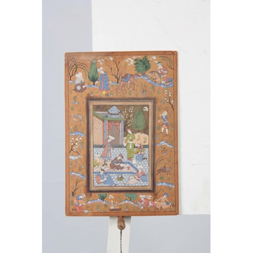 253 - A 19TH CENTURY PERSIAN WATERCOLOUR DRAWING the centre panel with figures in an interior scene within... 