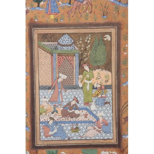 253 - A 19TH CENTURY PERSIAN WATERCOLOUR DRAWING the centre panel with figures in an interior scene within... 