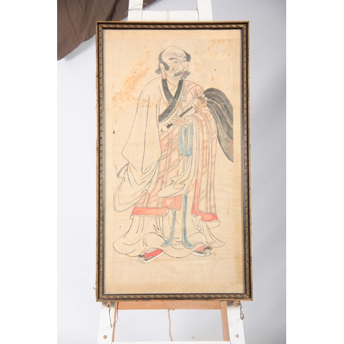 255 - AN 18/19TH CENTURY CHINESE WATERCOLOUR DRAWING of a robed standing figure 105by55.5cm - glazed gilt ... 