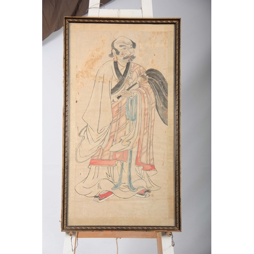 255 - AN 18/19TH CENTURY CHINESE WATERCOLOUR DRAWING of a robed standing figure 105by55.5cm - glazed gilt ... 