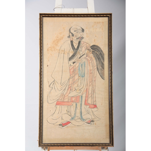 255 - AN 18/19TH CENTURY CHINESE WATERCOLOUR DRAWING of a robed standing figure 105by55.5cm - glazed gilt ... 