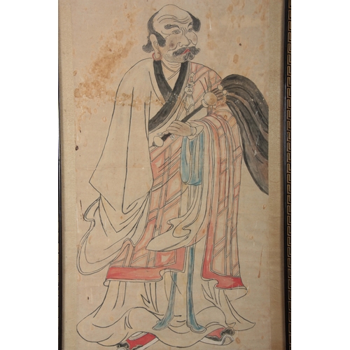 255 - AN 18/19TH CENTURY CHINESE WATERCOLOUR DRAWING of a robed standing figure 105by55.5cm - glazed gilt ... 