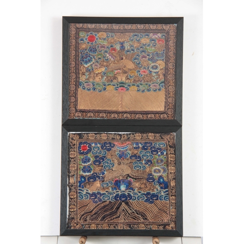 257 - A PAIR OF LATE 19th CENTURY CHINESE SCHOLAR RANK BADGES having a fine gold thread depicting a Golden... 