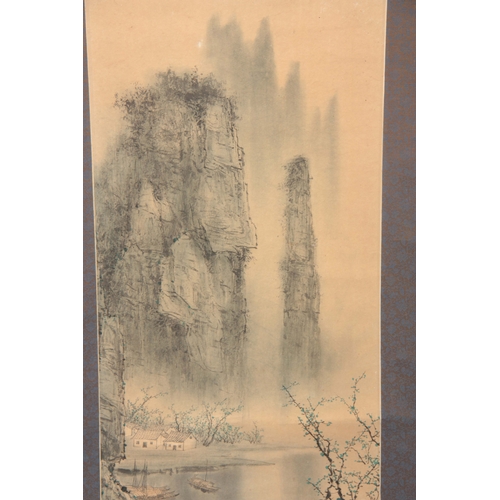 259 - TWO MEIJI PERIOD JAPANESE WATERCOLOUR HANGING SCROLLS depicting mountain scenes with script and sign... 