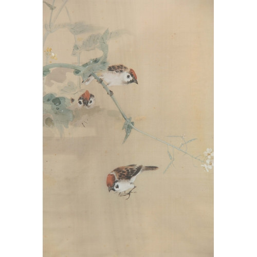 260 - TWO 19TH CENTURY ORIENTAL WATERCOLOURS ON SILK one decorated with wading birds 94cm high 62cm wide, ... 