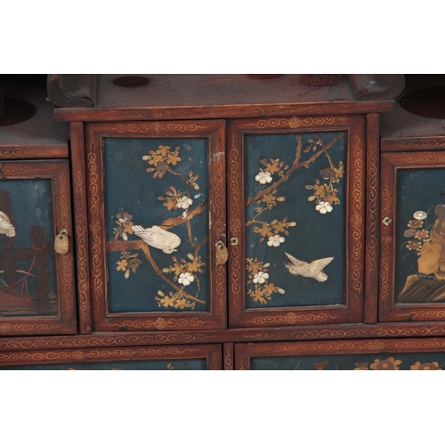 281 - A JAPANESE MEIJI PERIOD COLLECTORS CABINET having fine Chinoiserie decorated panels inlaid with moth... 