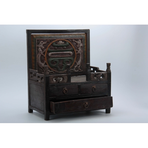 284 - A 19TH CENTURY CHINESE HARDWOOD ALTAR CABINET with carved polychrome panelled back and fret-cut gall... 