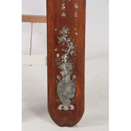 287 - A PAIR OF LATE 19th CENTURY CHINESE HARDWOOD AND MOTHER-OF-PEARL INLAID WALL PLAQUES having floral c... 