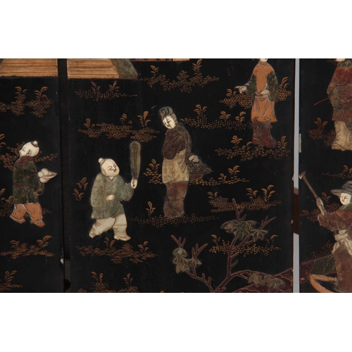 292 - A 19TH CENTURY CHINESE BLACK LACQUER SIX PANEL FOLDING SCREEN with raised pagoda and tree-lined land... 