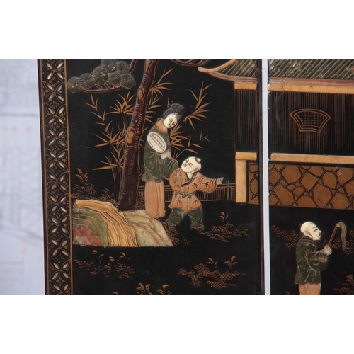 292 - A 19TH CENTURY CHINESE BLACK LACQUER SIX PANEL FOLDING SCREEN with raised pagoda and tree-lined land... 