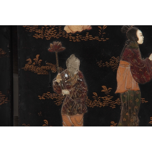 292 - A 19TH CENTURY CHINESE BLACK LACQUER SIX PANEL FOLDING SCREEN with raised pagoda and tree-lined land... 