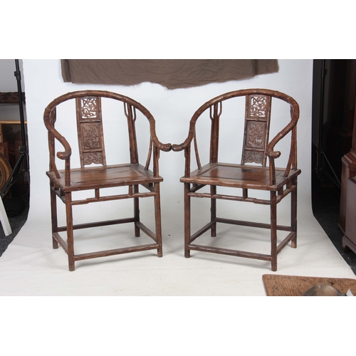 296 - A PAIR OF 18TH / 19TH CENTURY JICHIMU / CHICKEN WING WOOD ARMCHAIRS having arched simulated bamboo s... 