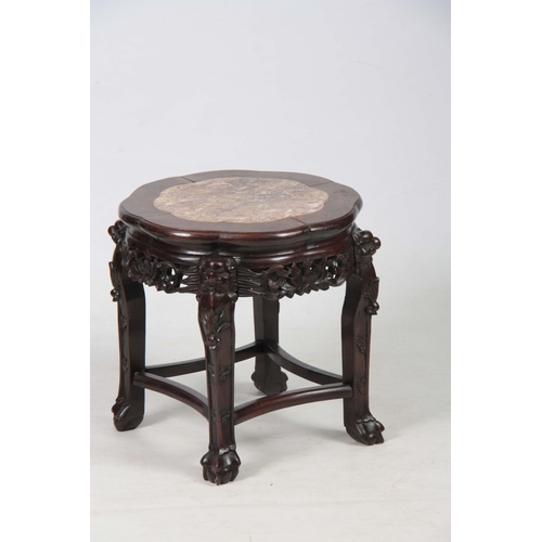 298 - A 19TH CENTURY CHINESE HARDWOOD JARDINIERE STAND with inset marble top, mounted on a pierced carved ... 