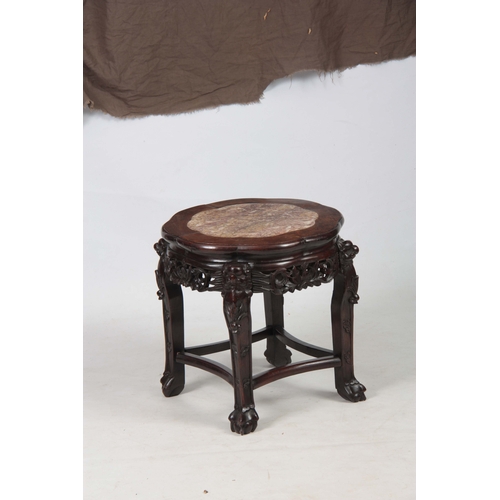 298 - A 19TH CENTURY CHINESE HARDWOOD JARDINIERE STAND with inset marble top, mounted on a pierced carved ... 