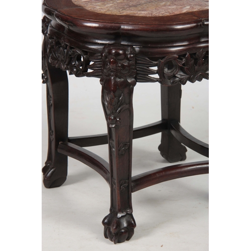 298 - A 19TH CENTURY CHINESE HARDWOOD JARDINIERE STAND with inset marble top, mounted on a pierced carved ... 