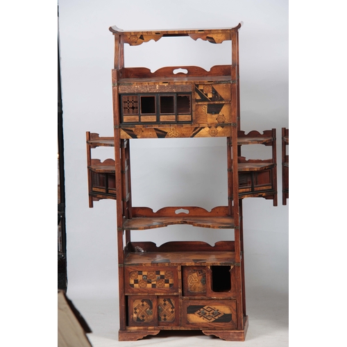 300 - A PAIR OF JAPANESE MEIJI PERIOD SIDE WAHATNOTS / COLLECTORS CABINETS with geometrically inlaid speci... 