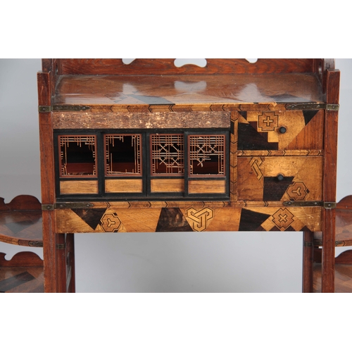 300 - A PAIR OF JAPANESE MEIJI PERIOD SIDE WAHATNOTS / COLLECTORS CABINETS with geometrically inlaid speci... 