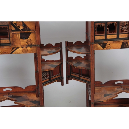 300 - A PAIR OF JAPANESE MEIJI PERIOD SIDE WAHATNOTS / COLLECTORS CABINETS with geometrically inlaid speci... 