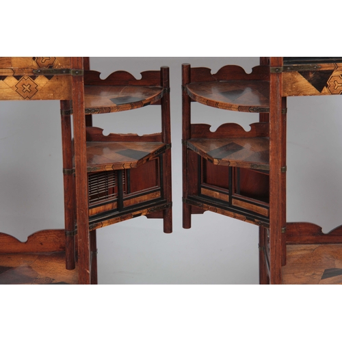 300 - A PAIR OF JAPANESE MEIJI PERIOD SIDE WAHATNOTS / COLLECTORS CABINETS with geometrically inlaid speci... 