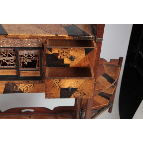 300 - A PAIR OF JAPANESE MEIJI PERIOD SIDE WAHATNOTS / COLLECTORS CABINETS with geometrically inlaid speci... 