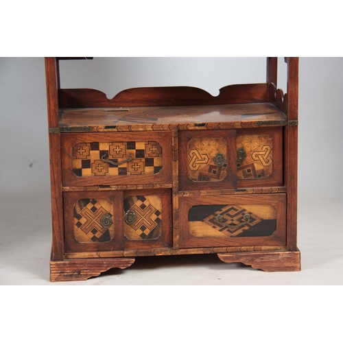 300 - A PAIR OF JAPANESE MEIJI PERIOD SIDE WAHATNOTS / COLLECTORS CABINETS with geometrically inlaid speci... 