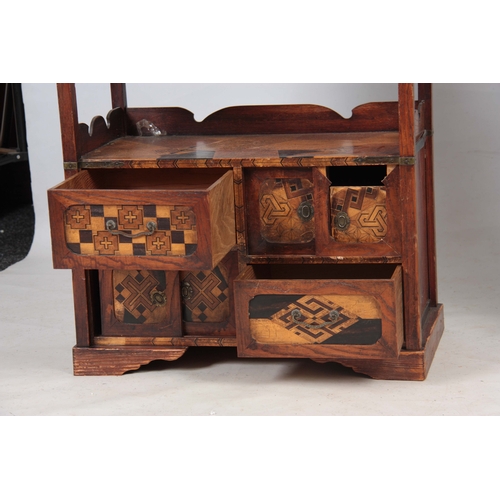 300 - A PAIR OF JAPANESE MEIJI PERIOD SIDE WAHATNOTS / COLLECTORS CABINETS with geometrically inlaid speci... 