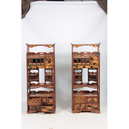 300 - A PAIR OF JAPANESE MEIJI PERIOD SIDE WAHATNOTS / COLLECTORS CABINETS with geometrically inlaid speci... 