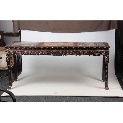 302 - AN EARLY 19TH CENTURY CHINESE MOTHER OF PEARL INLAID HARDWOOD ALTAR TABLE with three shaped marble p... 