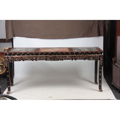 302 - AN EARLY 19TH CENTURY CHINESE MOTHER OF PEARL INLAID HARDWOOD ALTAR TABLE with three shaped marble p... 