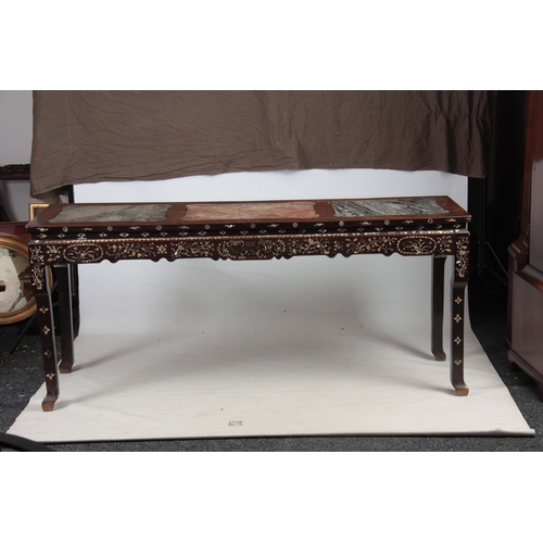 302 - AN EARLY 19TH CENTURY CHINESE MOTHER OF PEARL INLAID HARDWOOD ALTAR TABLE with three shaped marble p... 