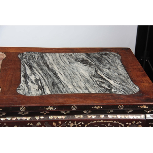 302 - AN EARLY 19TH CENTURY CHINESE MOTHER OF PEARL INLAID HARDWOOD ALTAR TABLE with three shaped marble p... 