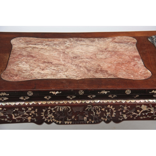 302 - AN EARLY 19TH CENTURY CHINESE MOTHER OF PEARL INLAID HARDWOOD ALTAR TABLE with three shaped marble p... 