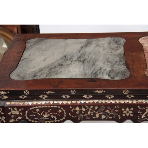 302 - AN EARLY 19TH CENTURY CHINESE MOTHER OF PEARL INLAID HARDWOOD ALTAR TABLE with three shaped marble p... 