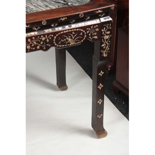 302 - AN EARLY 19TH CENTURY CHINESE MOTHER OF PEARL INLAID HARDWOOD ALTAR TABLE with three shaped marble p... 