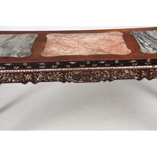 302 - AN EARLY 19TH CENTURY CHINESE MOTHER OF PEARL INLAID HARDWOOD ALTAR TABLE with three shaped marble p... 