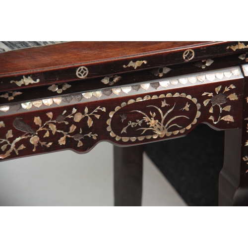 302 - AN EARLY 19TH CENTURY CHINESE MOTHER OF PEARL INLAID HARDWOOD ALTAR TABLE with three shaped marble p... 