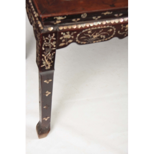 302 - AN EARLY 19TH CENTURY CHINESE MOTHER OF PEARL INLAID HARDWOOD ALTAR TABLE with three shaped marble p... 