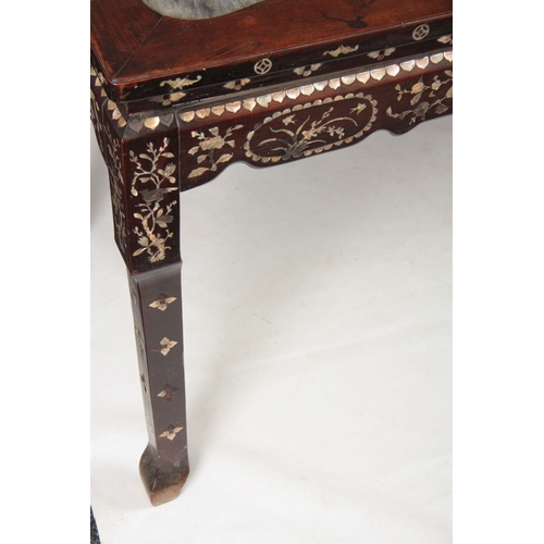 302 - AN EARLY 19TH CENTURY CHINESE MOTHER OF PEARL INLAID HARDWOOD ALTAR TABLE with three shaped marble p... 