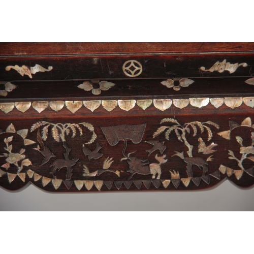 302 - AN EARLY 19TH CENTURY CHINESE MOTHER OF PEARL INLAID HARDWOOD ALTAR TABLE with three shaped marble p... 