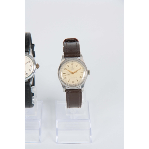 364 - A GENTLEMAN'S VINTAGE STAINLESS STEEL TUDOR ROYAL WRIST WATCH on brown leather strap, having a champ... 