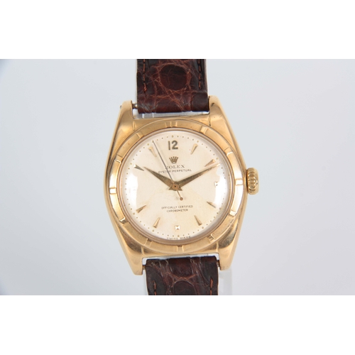 365 - A MID 20th CENTURY 18CT GOLD ROLEX 'BUBBLE BACK' WRISTWATCH on brown crocodile leather strap, the ca... 